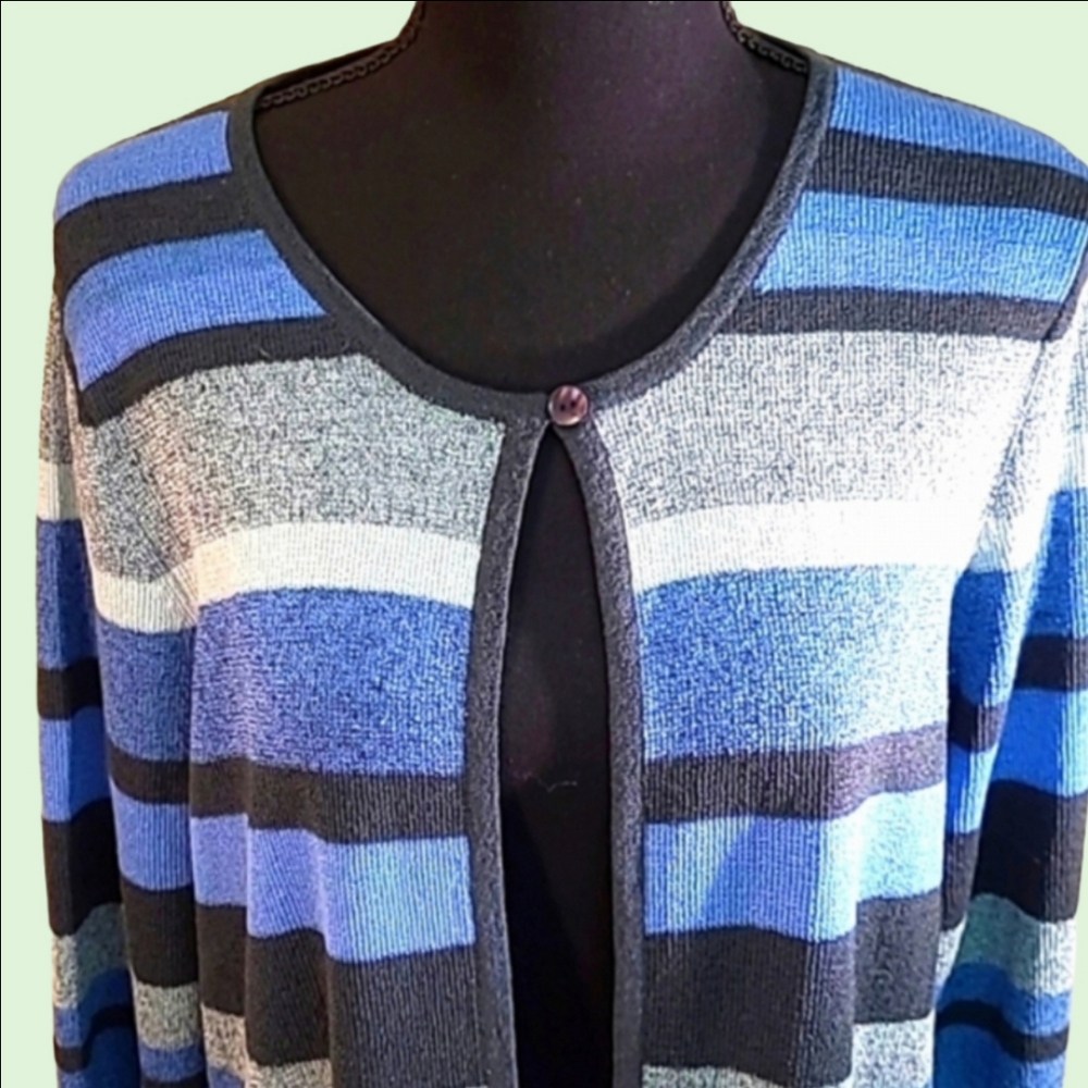 Tribeca women's sweater. Blue,grey, stripe. Size L.